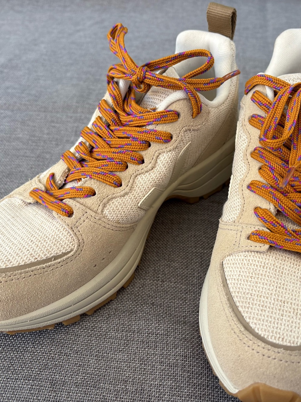 Veja Women's Beige Suede & Mesh Sneakers with Orange and Purple Laces